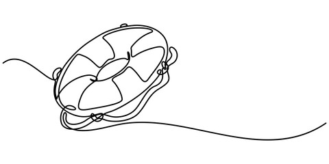 Poster - Life Ring, Buoy Continuous Line Drawing with Editable Stroke and Color Elements, Single continuous line drawing lifebuoys, rescue belts, inflatable rubber ring with rope for help and safety of life. 