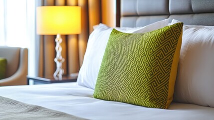 Poster - Stylish modern bedroom featuring a green decorative pillow on a neatly made bed with soft lighting ambiance.
