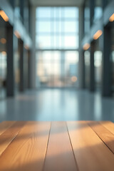 Poster - A wooden table sits atop a blurred office building in the background of a large empty hall._00004_