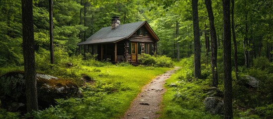 Poster - Scenic forest path leading to a charming cabin surrounded by lush greenery and natural beauty in a serene woodland setting.