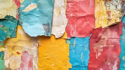 Poster - Colorful vintage paper texture with layered peeling paint for creative backgrounds and artistic designs.