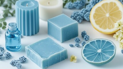 Poster - Aromatic blue organic soaps and candles with citrus elements for wellness spa setting and soothing ambiance on white background