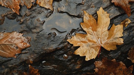 Poster - Autumn leaves on wet ground with water droplets reflecting nature's beauty and tranquility in a serene outdoor setting.