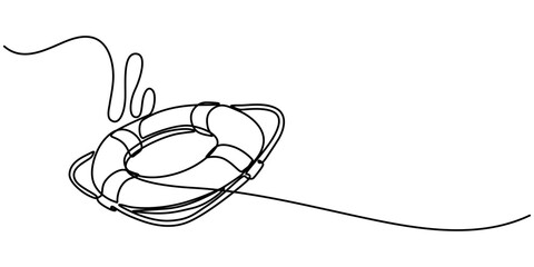 Poster - Life Ring, Buoy Continuous Line Drawing with Editable Stroke and Color Elements, Single continuous line drawing lifebuoys, rescue belts, inflatable rubber ring with rope for help and safety of life. 