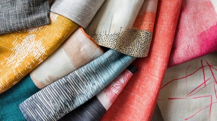 Poster - Colorful assortment of textured fabrics in various patterns and hues for design inspiration and creative projects.