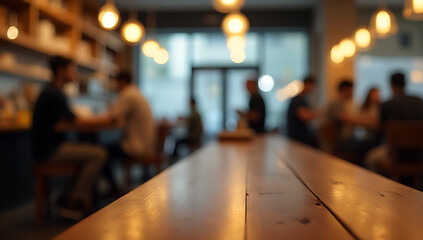 Aufkleber - A wooden table sits atop a blurred glass wall in a busy cafe setting with ambient lighting._00003_