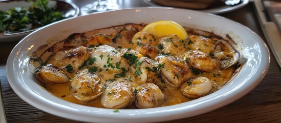 Aufkleber - Steamed mussels in white wine sauce with garlic lemon and shallots garnished with parsley showcasing traditional culinary techniques