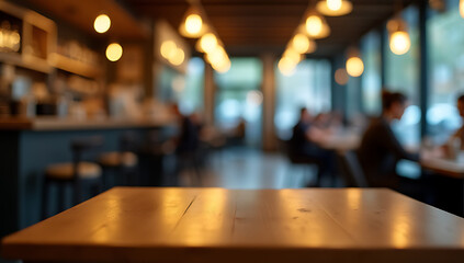 Aufkleber - A wooden table sits atop a blurred glass wall in a busy cafe setting with ambient lighting._00004_