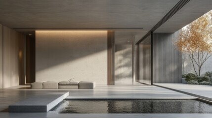 Poster - Modern minimalist interior design with concrete walls and tranquil pool reflecting natural light, offering spacious and serene ambiance.