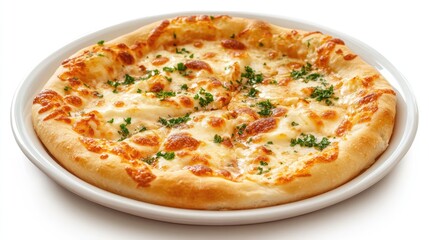 Poster - Freshly baked cheese pizza garnished with parsley served on a white plate against a clean background