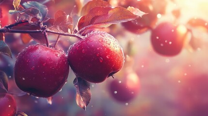 Poster - Freshly picked ripe apples glistening with dew on a tree branch in a serene orchard setting during golden hour light