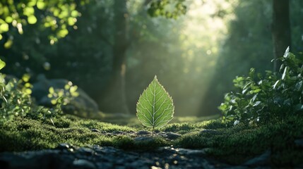 Poster - A single green leaf resting on mossy ground illuminated by soft sunlight in a serene forest setting