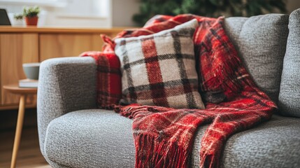 Aufkleber - Cozy modern living room featuring a stylish sofa adorned with a plaid blanket and decorative cushions for a warm atmosphere