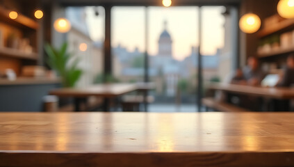 Poster - A wooden table sits atop a blurred coffee cafe or retail shop background with a beautiful urban cityscape visible in the distance._00004_