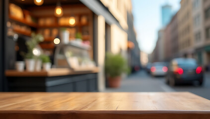 Poster - A wooden table sits atop a blurred coffee cafe or retail shop background with a beautiful urban cityscape visible in the distance._00002_