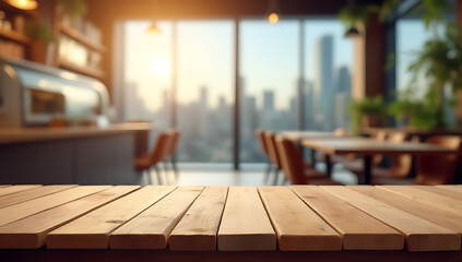 Poster - A wooden table sits atop a blurred coffee cafe or retail shop background with a beautiful urban cityscape visible in the distance._00003_