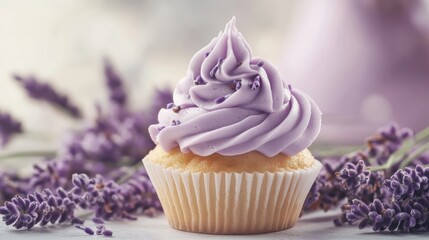 Poster - Lavender cupcake with purple frosting surrounded by fresh lavender flowers in a serene natural setting