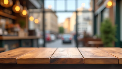 Poster - A wooden table sits atop a blurred coffee cafe or retail shop background with a beautiful urban cityscape visible in the distance._00001_
