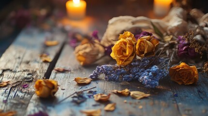 Poster - Elegant home decor featuring dried flowers and candles, creating a cozy and natural atmosphere in a rustic setting.