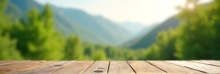 Poster - A wooden table sits atop a blurred background of trees and mountains in a serene summer nature scene with lush greenery._00003_