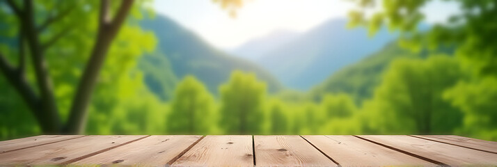 Poster - A wooden table sits atop a blurred background of trees and mountains in a serene summer nature scene with lush greenery._00002_