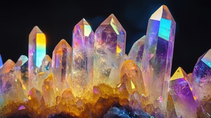 Leinwandbilder - Natural quartz aura titan geode crystals showcasing vibrant colors and unique geological formations isolated on dark background
