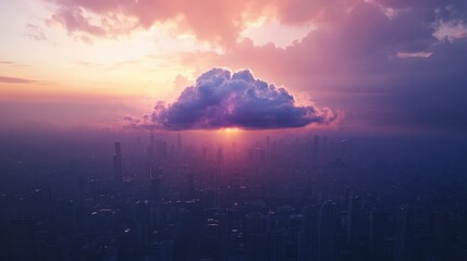 Poster - Aerial view of cityscape at sunset with glowing cloud hologram representing secure digital data storage concept in atmospheric multi exposure scene