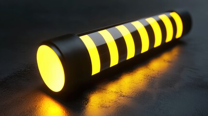 Poster - Glowing yellow cylindrical light with contrasting black stripes on a reflective surface showcasing modern design and industrial aesthetics