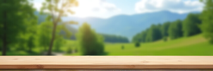 Poster - A wooden table sits atop a blurred background of trees and mountains in a serene summer nature scene with lush greenery._00001_