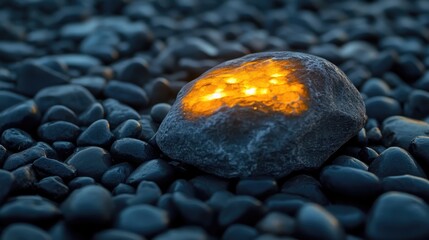 Poster - Glowing ornamental stone amidst dark pebbles creating a serene and mystical ambience in natural settings