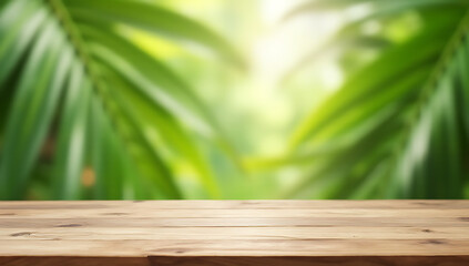 Poster - A wooden table and counter are placed in front of a blurred coconut leaf background to showcase summer and natural products._00004_