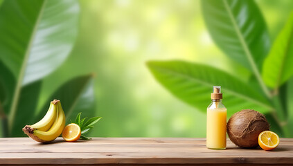 Poster - A wooden table and counter are placed in front of a blurred coconut leaf background to showcase summer and natural products._00003_