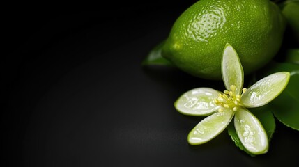 Poster - Lime blossom and lime fruit arranged elegantly on a dark background highlighting natural beauty and freshness in a minimalist style.