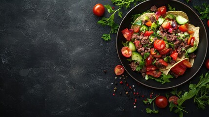 Poster - Delicious nachos topped with seasoned beef and fresh vegetables in a black bowl on a dark background with ample copy space for text