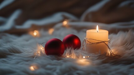 Leinwandbilder - Warm festive ambiance with illuminated string lights around a candle and red ornaments on soft white fur background diorama.