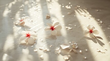 Poster - Frangipani flowers scattered on a sunlit floor with soft shadows creating a serene and tranquil atmosphere.