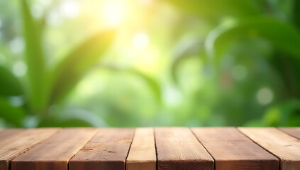 Poster - A wooden table and counter are placed in front of a blurred coconut leaf background to showcase summer and natural products._00001_