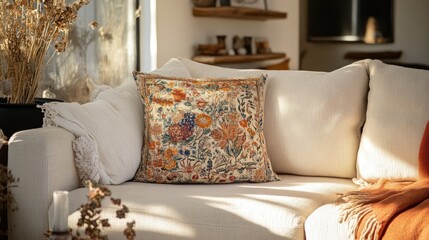 Poster - Stylish linen throw pillow on a cozy sofa in a clean and inviting living room with natural decor elements