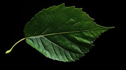 Poster - Vibrant green leaf isolated on dark background showcasing intricate vein details and natural texture for botanical design elements.