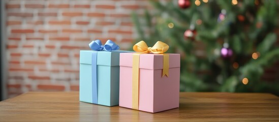 Poster - Colorful gift boxes with ribbons on a wooden table in front of a decorated pine tree and blurred brick wall creating a festive atmosphere