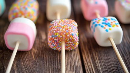 Poster - Colorful marshmallow candies on wooden sticks arranged on a rustic wooden background for a sweet treat concept.