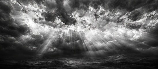 Aufkleber - Dramatic cloudscape with mystical rays of light illuminating a moody sky over the ocean in black and white imagery
