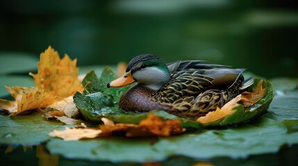 Poster - Serene duck resting on lily pads surrounded by autumn leaves in a tranquil natural setting.