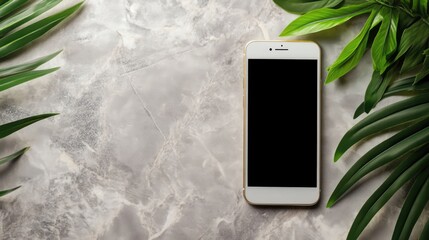Poster - Smartphone surrounded by green leaves on a textured background showcasing modern technology and nature harmony