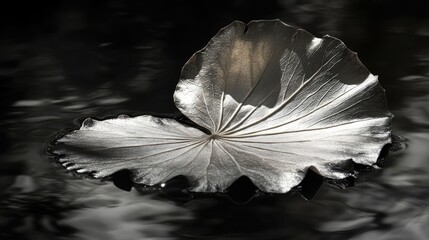 Aufkleber - Illuminated leaf floating on water surface with dark background creating a serene and tranquil nature feel