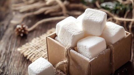 Aufkleber - Marshmallows in a cozy gift box on rustic wooden surface Perfect for sweet treats and holiday gifting