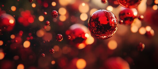 Poster - Christmas tree red ornaments with sparkling details and festive bokeh background creating a warm holiday atmosphere.