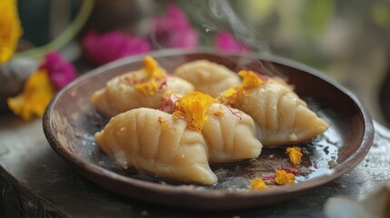 Aufkleber - Traditional Indian Gujiya Sweet Dumplings with Mawa Filling Served on a Rustic Plate Decorated with Edible Flowers
