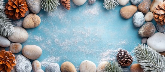 Poster - Festive decor framed by pebbles and natural elements on a serene blue background for holiday themed compositions and creative design.