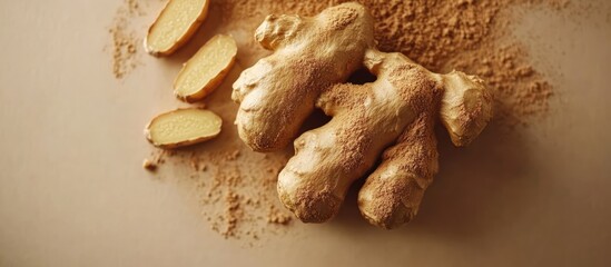 Poster - Fresh ginger roots and slices on a beige surface with ginger powder creating a minimalistic culinary backdrop for food styling or recipes.